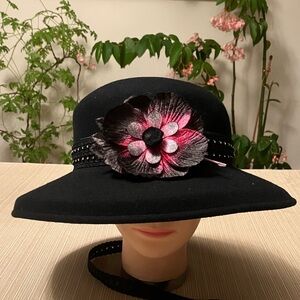 Elegant Black Hat with Pink Black Floral Accent and Black Rhinestone Lace Band